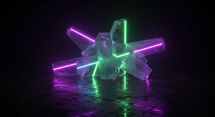 Poster - Glowing neon lights illuminating abstract crystal structure in dark room