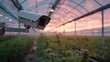 © Pixelzone - A stunning image of surveillance camera is positioned to oversee healthy plants in a greenhouse, showcasing the use of technology to optimize growth and enhance farm management at.