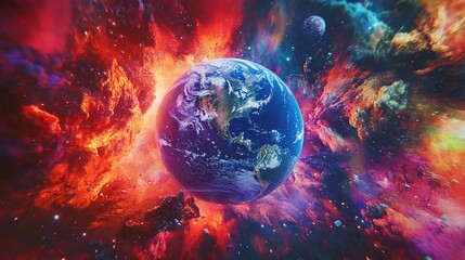 Wall Mural - Earth view from outer space amidst a colorful nebula with other planets and dust