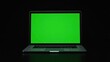 © BlackCat - An open laptop placed against a black background, with its screen facing directly forward. The display is fully in focus and shows a clean, bright green chroma key screen. The keyboard and touchpad ar