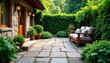 © แสงเดือน สุขทั่วญาติ - rustic stone patio with plants, stones, natural, outdoor