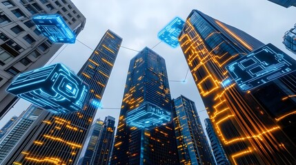 Wall Mural - futuristic cityscape: digital network & skyscrapers - futuristic te.