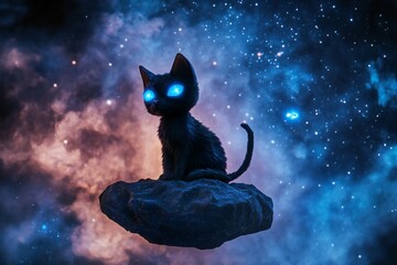  A 3D alien cat with three glowing eyes and a tail made of stardust, sitting on a floating rock in a nebula,  created by ai