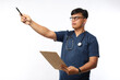 © ArvStd - Serious pensive handsome young doctor man isolated on white background female doctor in medical uniform, stethoscope health card on clipboard folder. Pointing hand with pen