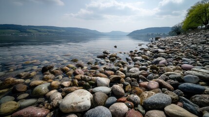 Wall Mural - serene lake shore with multicolored stones and hills.