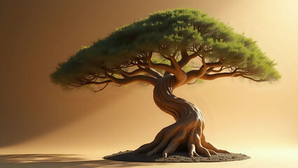 a beautifully twisted bonsai tree showcasing intricate branches and lush green foliage against a war