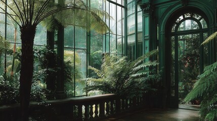 Wall Mural - lush interior conservatory with verdant plants and glass walls.