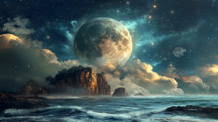 Wall Mural - Fantasy landscape with a giant moon in the sky