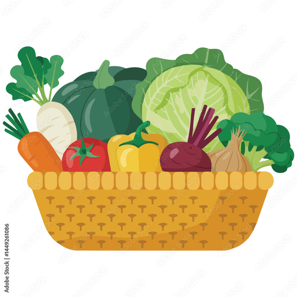 Basket full of fresh vegetables isolated vector illustration on white ...