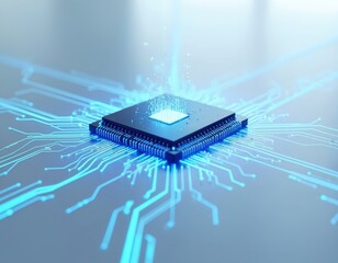 futuristic microchip with glowing connections in high-tech environment. modern processor design with