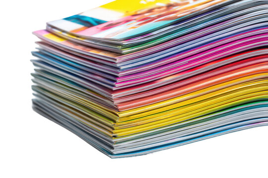 Colorful stack of brochures on white background, cut out