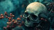 © Crafted - A human skull sits amongst vibrant red berries, a visual representation of the cycle of life and death.