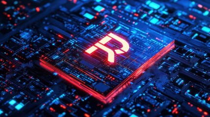 Red R Cryptocurrency Symbol on Futuristic Circuit Board