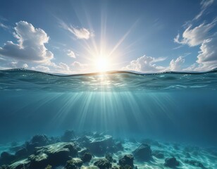 crystal-clear blue water, sun rays pierce clouds, showing underwater life , sky, sun