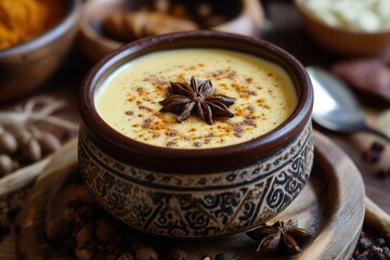 Aufkleber - Aromatic spiced drink with a single star anise sits in an earth tone ceramic bowl dusted with light brown and red powder, close-up view.