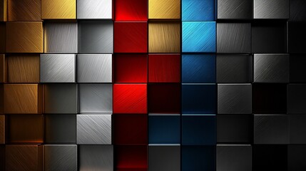 Dynamic Metallic Cubes Abstract Background with Gold, Silver, Red and Blue Tones