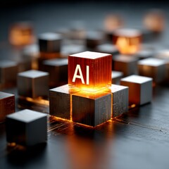 Fototapete - Artificial Intelligence in Digital Landscape: A Glowing Cube Illustrating the Power of AI Technology