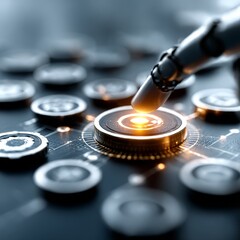 Fototapete - Robotic Precision: An AI hand activates a glowing control button, signifying technological advancement and automated control.