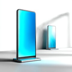 Leinwandbilder - Sleek Modern Digital Signage Displays with Blue Screens in a Minimalist White Setting, Ready for Advertising and Promotion
