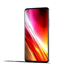 Leinwandbilder - Sleek Smartphone with Vibrant Abstract Display, Illuminated by Red and Yellow Hues, Standing Against a Crisp White Background.