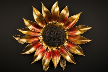 Ornate metal sunflower design with gold and red accents.