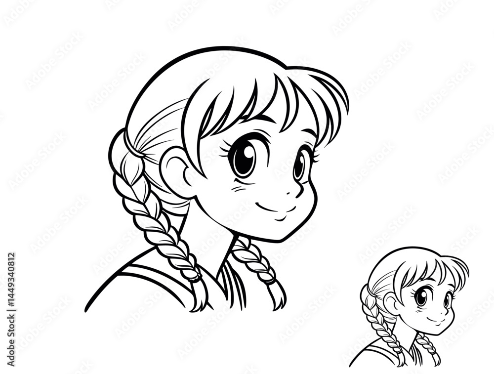 Cute Anime Girl with Braids Looking Up, A black and white line art ...