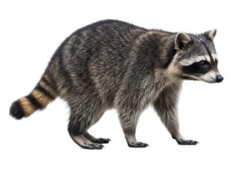 north american raccoon walking isolated white background wildlife animal fur tail cute eyes mask