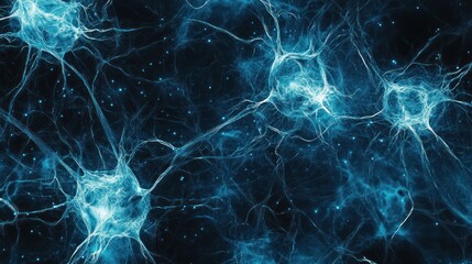 Wall Mural - Neural network connections, glowing blue, dark background, medical research