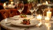 © Masrur - Close-up of romantic dinner table in a fine dining setting, velvet chairs, marble table, artistic plating on dishes, ambient candlelight, creating a luxurious and intimate moodClose-up of romantic din