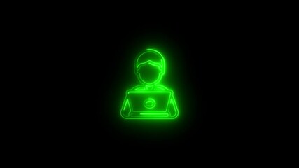 Glowing green neon silhouette of person using laptop computer on black background