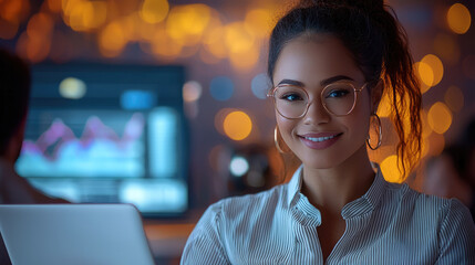 Aufkleber - Confident woman with glasses smiling at laptop, working in modern office with blurred lights and computer screen in background, expressing positivity and focus