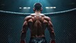 © Viktor - Muscular MMA fighter in cage, viewed from behind. Back glistening with sweat under dim lights. Fighter exhibits intense focus, determination. Bodybuilder demonstrates strength, athletic physique,