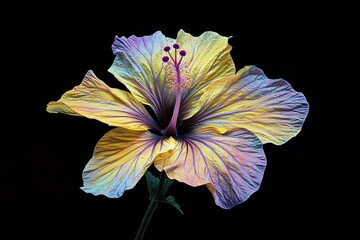 Poster - Vibrant, colorful hibiscus flower on a dark background.