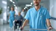 © underground - Nurse pushing wheelchair in hospital hallway; patient care in modern medical facility; medical professional; assisting elderly person