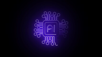 Wall Mural - Minimal blue  Neon Icon: AI Microchip. Glowing Microchip Symbol for AI. Neon AI Microchip Icon.