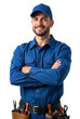 © StreamPixel - A smiling, confident man wearing a blue work uniform, including a matching blue baseball cap, stands with his arms crossed.
