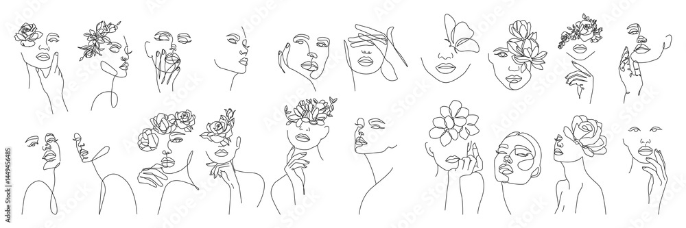 Face with Flowers Line Art Beauty Drawing. Minimalistic Simple Linear ...