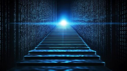 Blue digital binary code background with stairs going up symbolizing tech growth and success, achievement concept, startup success, business victory