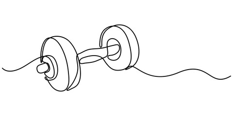 Continuous one line drawing of Dumbbell - Barbell gym equipment, Drawing of dumbbell in continuous single line style. Sport equipment in linear style. Outline symbol for design of poster, banner.     