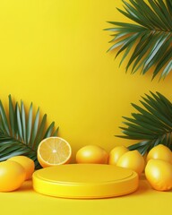 Poster - Bright Yellow Product Display Podium with Lemons and Palm Leaves for Summer Promotion