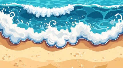 Poster - Aerial View of Cartoon Ocean Waves Crashing on Sandy Beach with Turquoise Water and White Foam