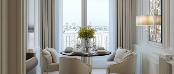 Leinwandbilder - Elegant dining space with city view, table setting, and modern lighting fixture in a bright room