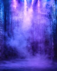Aufkleber - Dramatic Stage with Purple and Blue Lighting and Fog Effect for Performance or Event Backdrop