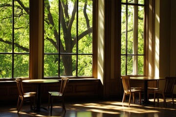 Poster - Sunlight Streaming Through Large Windows Illuminating a Quiet Room with Tables and Chairs