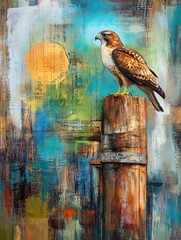 Leinwandbilder - Hawk Perched on Post Against Abstract Sky and Sun Original Oil Painting Art