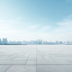 Poster - Serene Urban Vista Modern Cityscape Under a Clear Sky with an Expansive Tiled Plaza in the Foreground