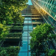 Poster - Modern Architecture Blending with Nature Green Building Facade and Glass Tower Exterior