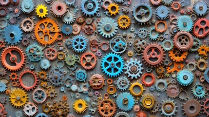 Poster - Collection of colorful gears and cogs on a wooden surface creating a mechanical texture backdrop