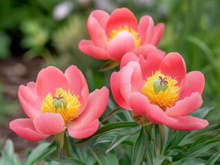 Poster - Three Coral Charm Peonies in Full Bloom with Vibrant Yellow Centers and Lush Green Foliage Backdrop