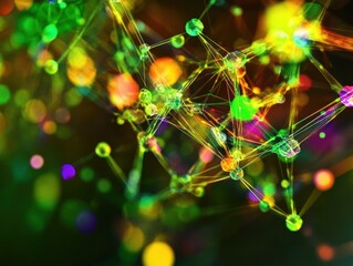 Fototapete - Abstract Network of Connected Nodes with Vibrant Colors and Glowing Light Effects Background
